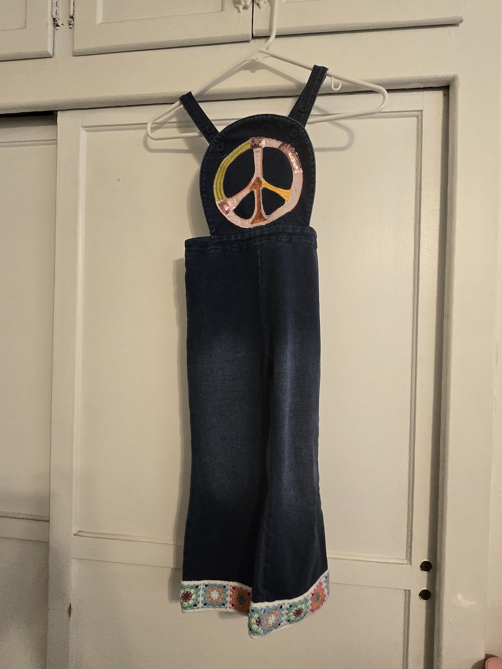 Girls Denim Overalls with Sequin Peace Patch